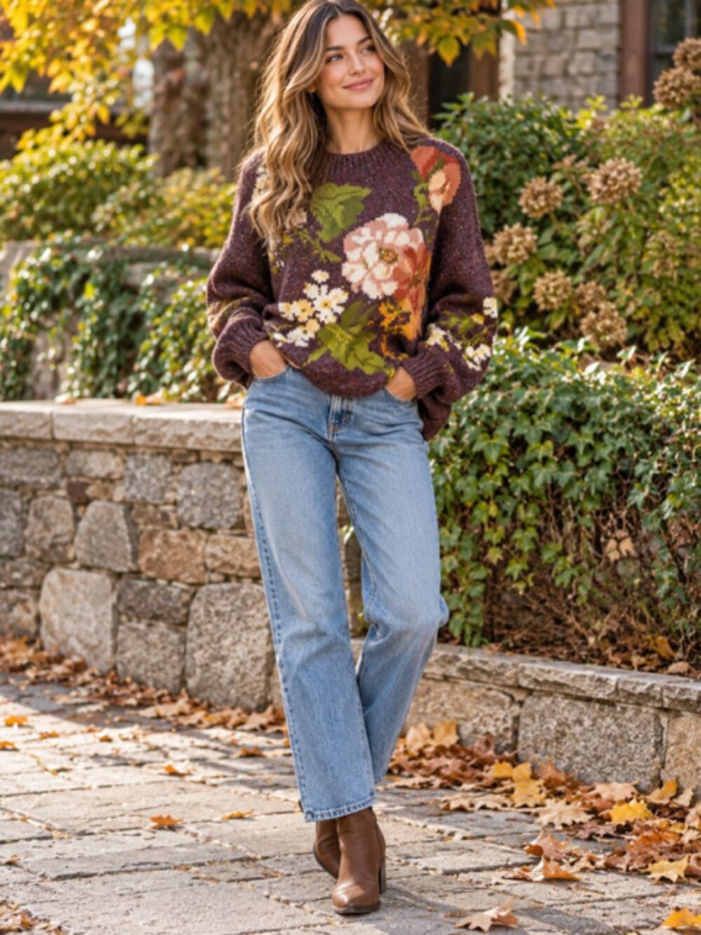 Vintage 80s 90s Express Handknitted Floral Sweater Cottagecore Wool Blend M - Picture 1 of 5